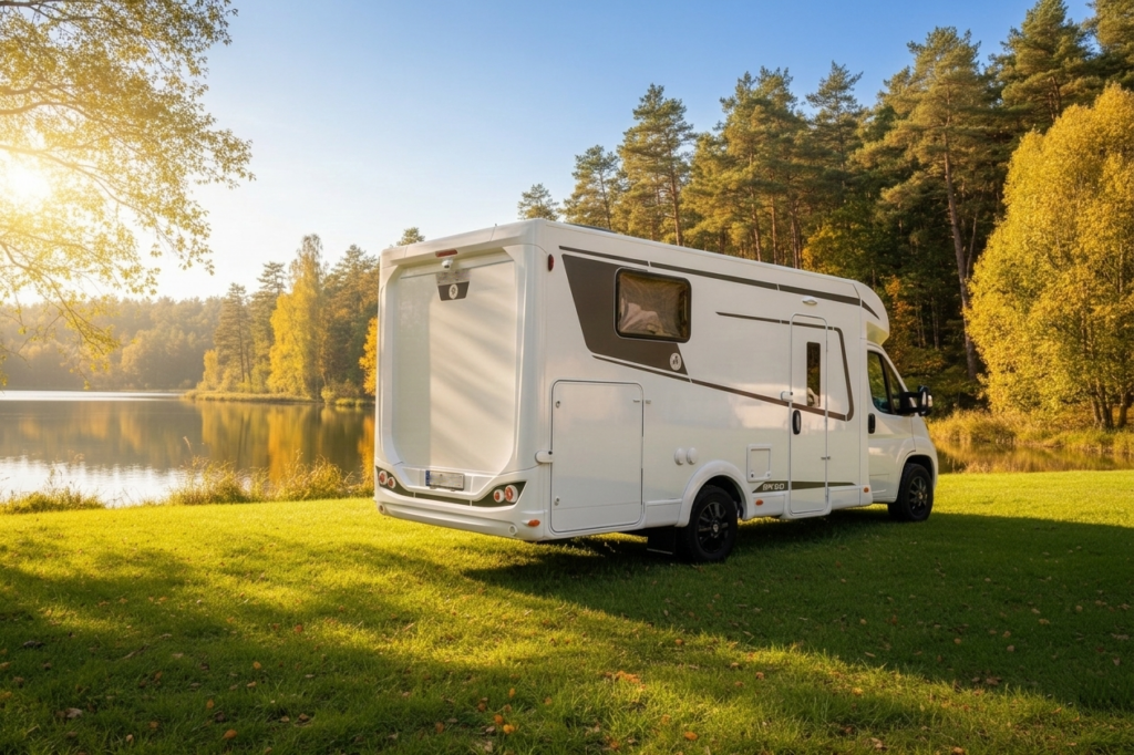 Autocaravana de alquiler, parada en frente a un lago en Valencia