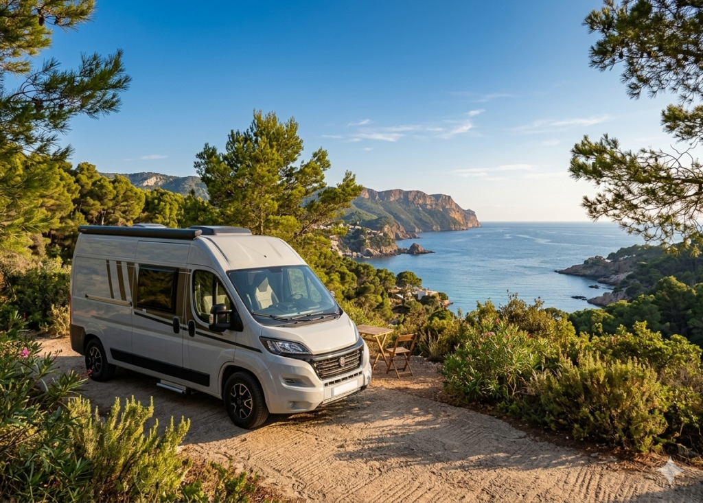 Camper, acampada en un paraje frente al mar.